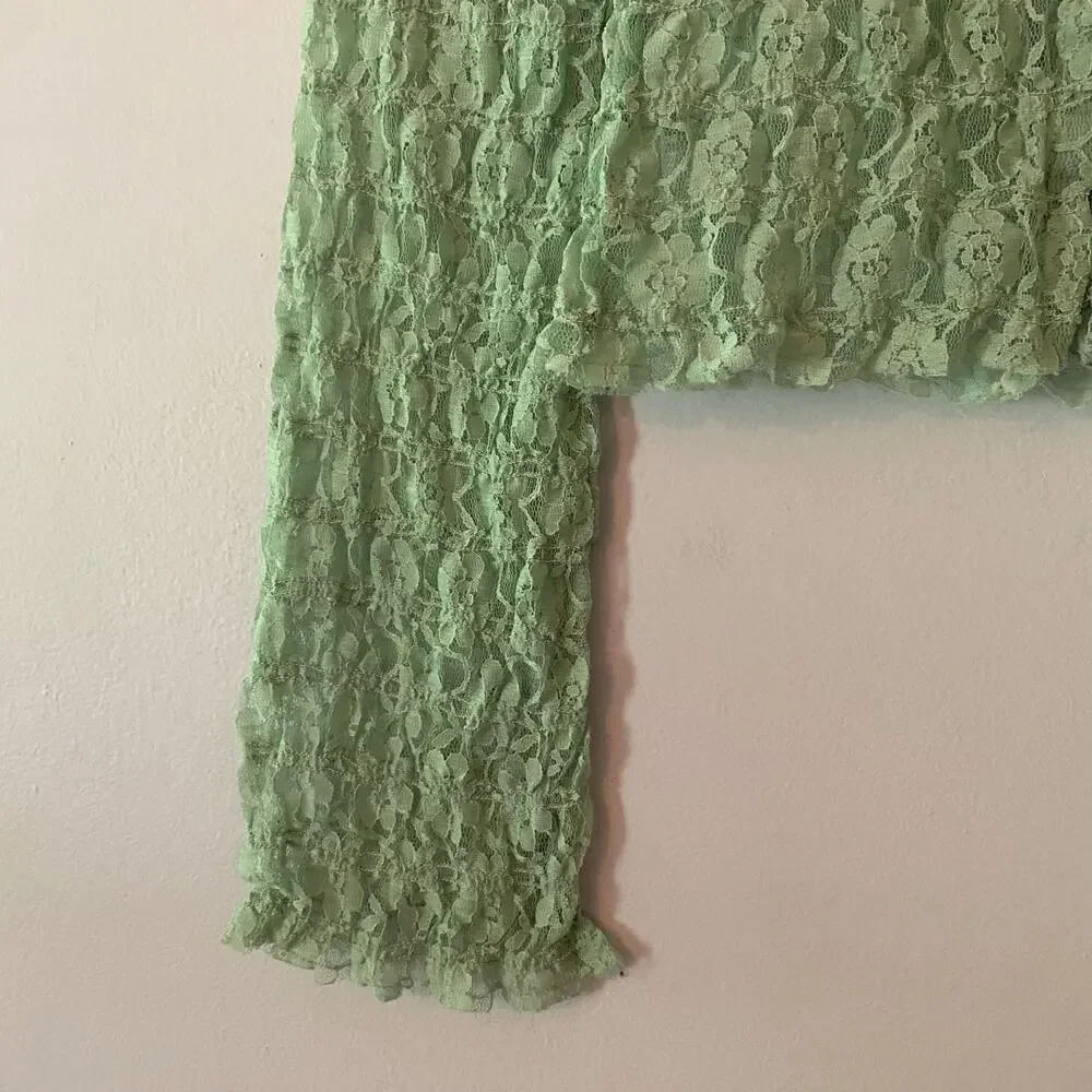 Free People Mint Green Lace Sheer Long Sleeve Cropped Bodice Top Women's size XS